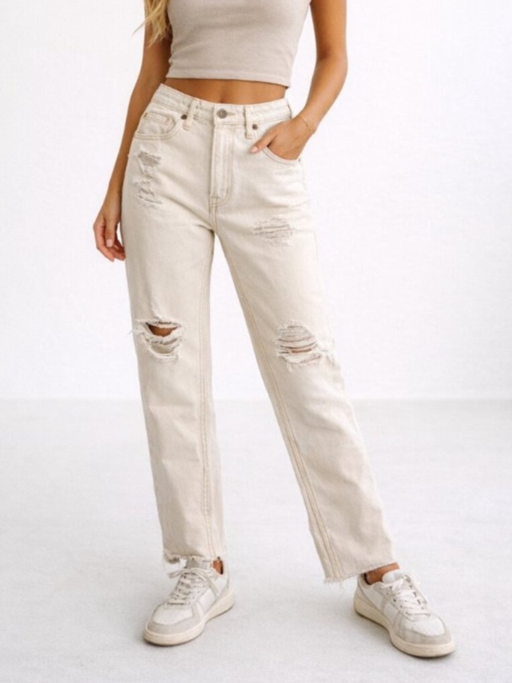 We The Free Free People Cream Distressed Straight Jeans 28 36353